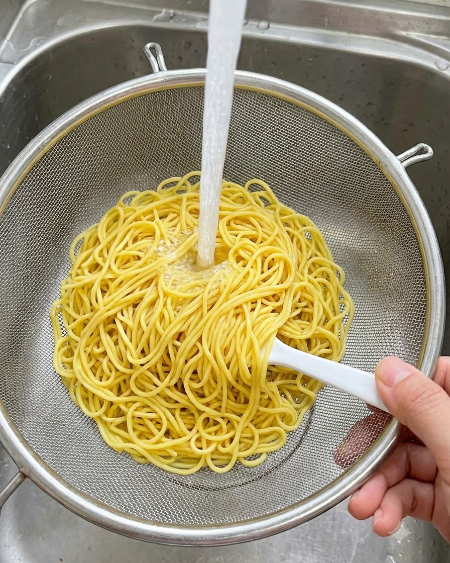 Noodles cotti sciacquati sotto acqua corrente in un cestello scolapasta di metallo.