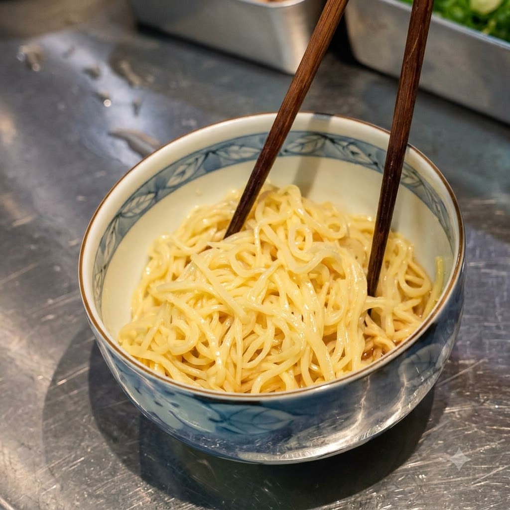 Bacchette che mescolano i noodles con la salsa allinterno di una ciotola di ceramica decorata.