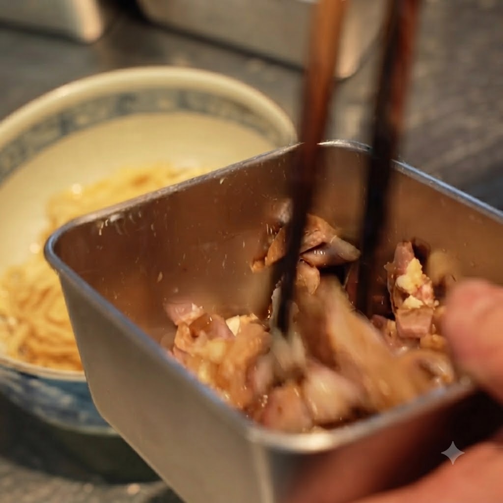 Bacchette che aggiungono carne chashu a dadini sopra i noodles in una ciotola da portata.