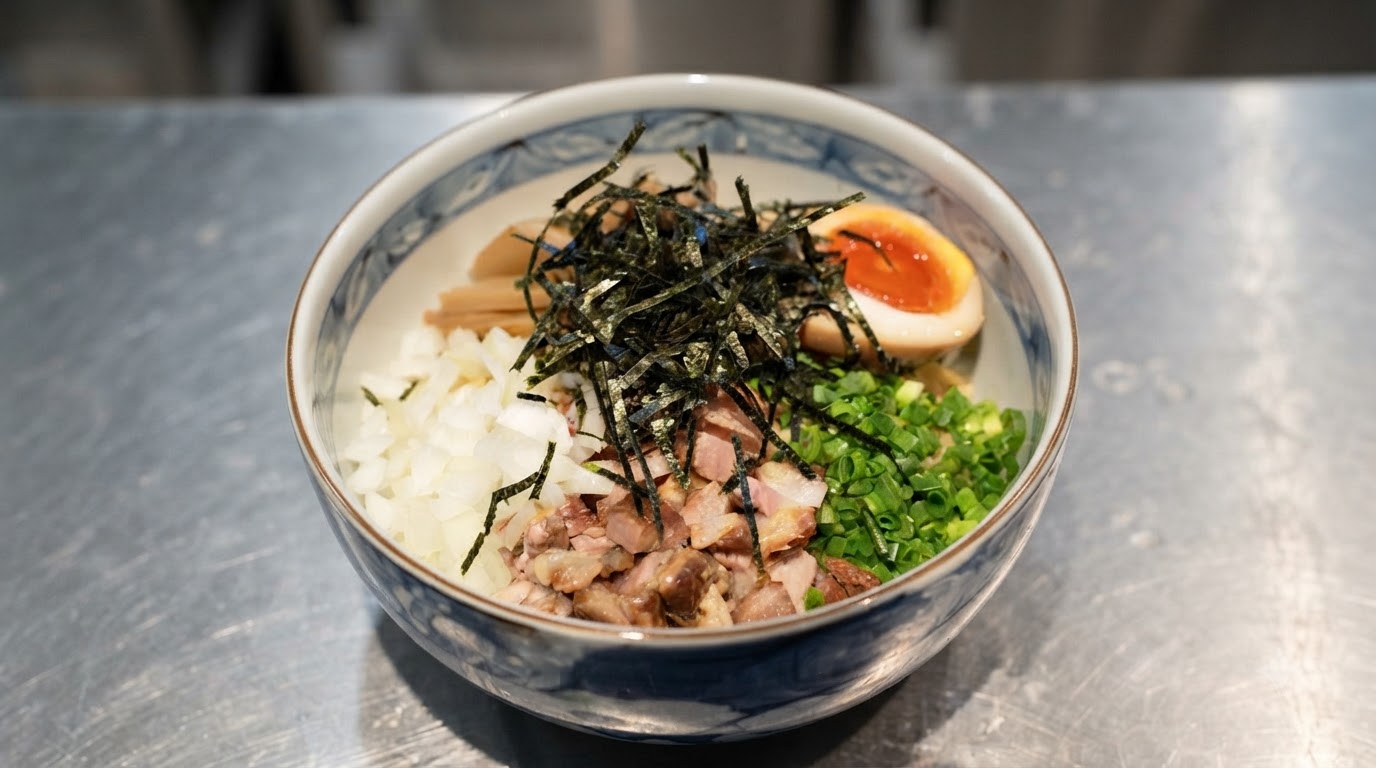 Una ciotola di mazesoba giapponese guarnita con chashu a dadini, cipolle, cipollotti, germogli di bambù, uovo barzotto e alga nori sminuzzata