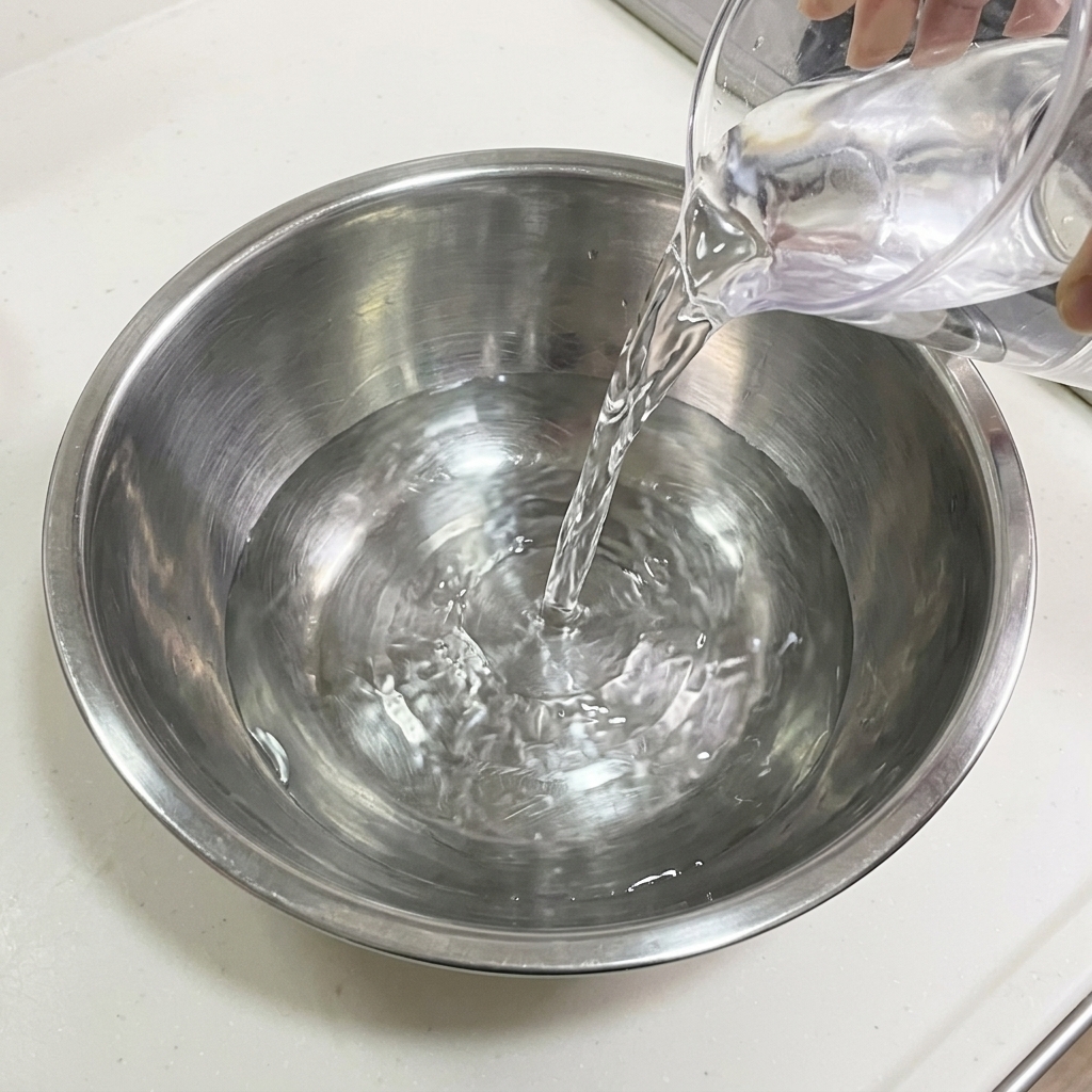 Acqua versata da un contenitore graduato trasparente in una ciotola di miscelazione in acciaio inossidabile.
