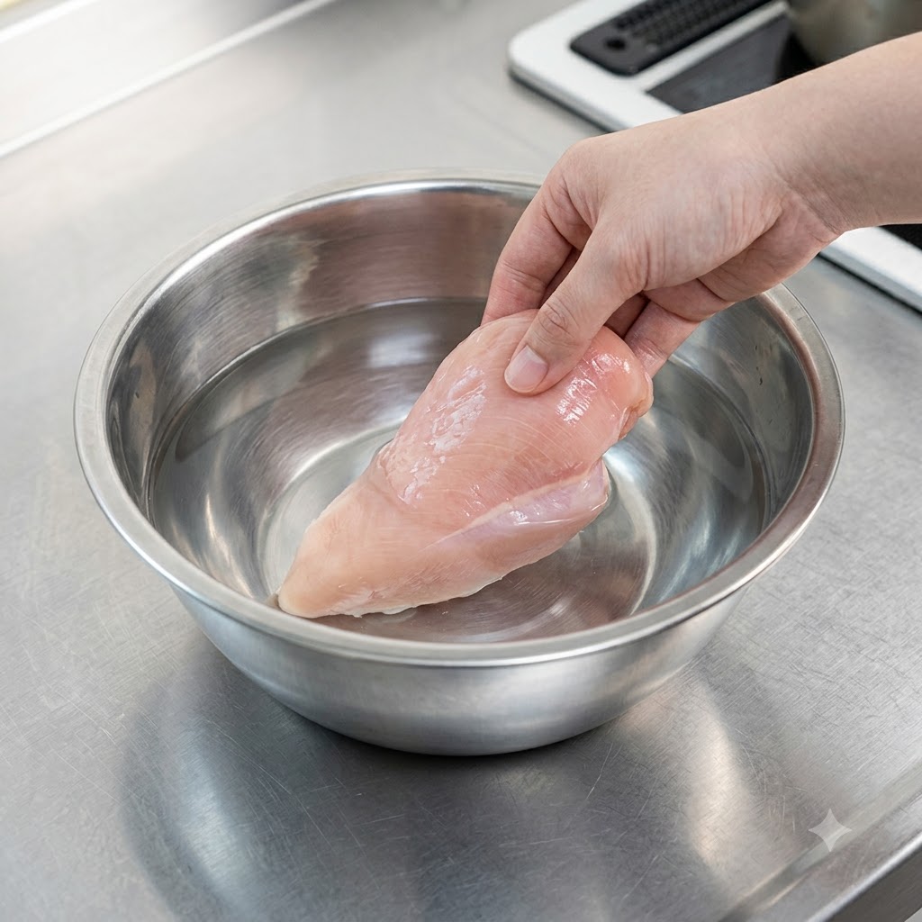 Una mano che abbassa delicatamente un pezzo di petto di pollo crudo in una ciotola dacqua.