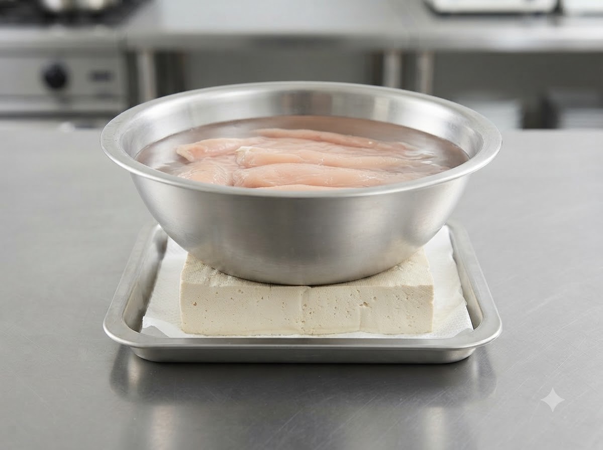 Una ciotola di metallo con acqua appoggiata sopra un blocco di tofu fermo avvolto in carta da cucina su un vassoio.