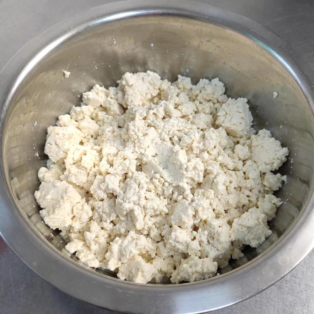 Tofu fermo bianco sbriciolato che riempie il fondo di una ciotola di miscelazione in acciaio inossidabile.