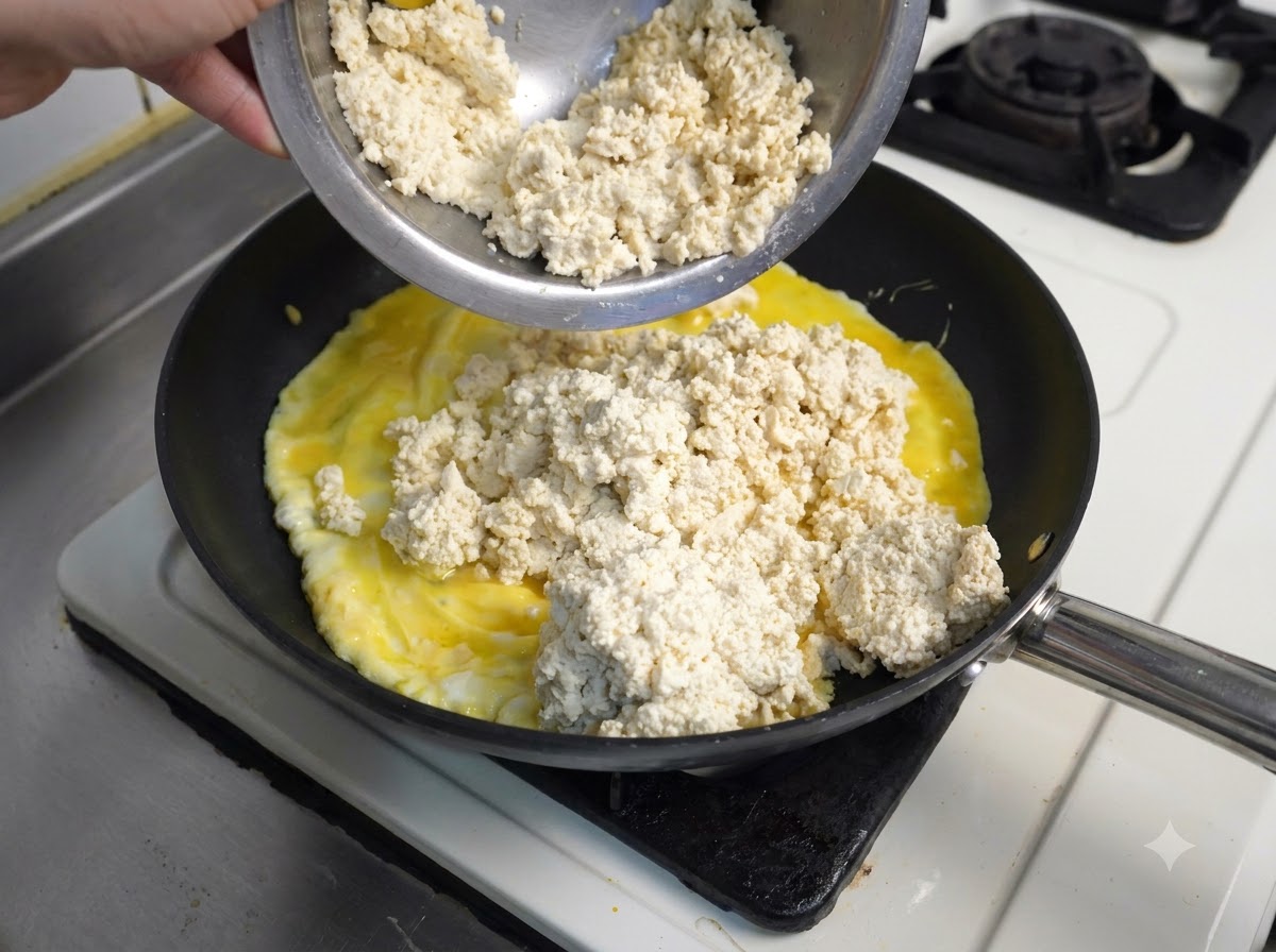 Una ciotola di metallo che versa tofu bianco sbriciolato sulle uova strapazzate gialle che cuociono in una padella nera.