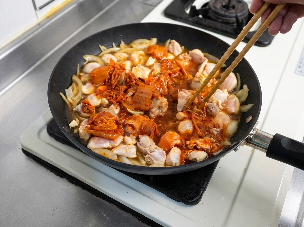 Kimchi mescolato nel brodo di pollo e cipolla in ebollizione usando bacchette di legno.