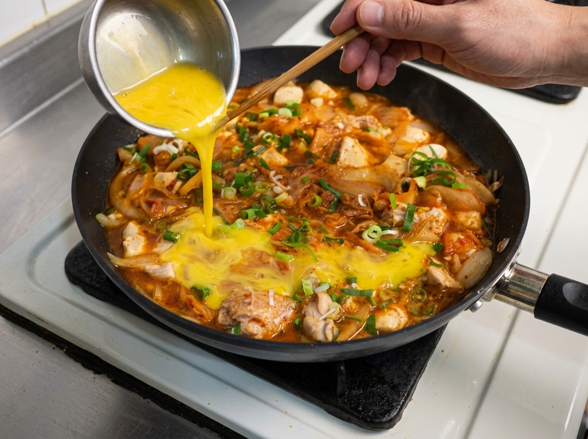 Una piccola ciotola di metallo che versa uova gialle sbattute sopra pollo, kimchi e cipolle in ebollizione in una padella nera.