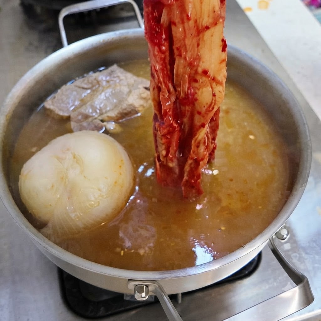 Un lungo filone di kimchi piccante fermentato rosso che viene fatto cadere in una pentola di brodo bollente.