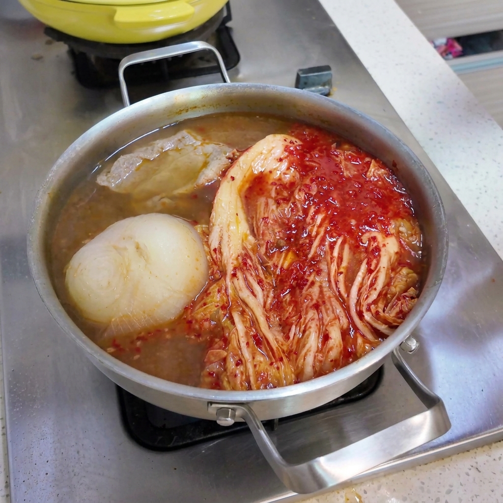 Condimenti tra cui salsa piccante, fiocchi di peperoncino e aglio tritato aggiunti nel brodo dellhot pot bollente.