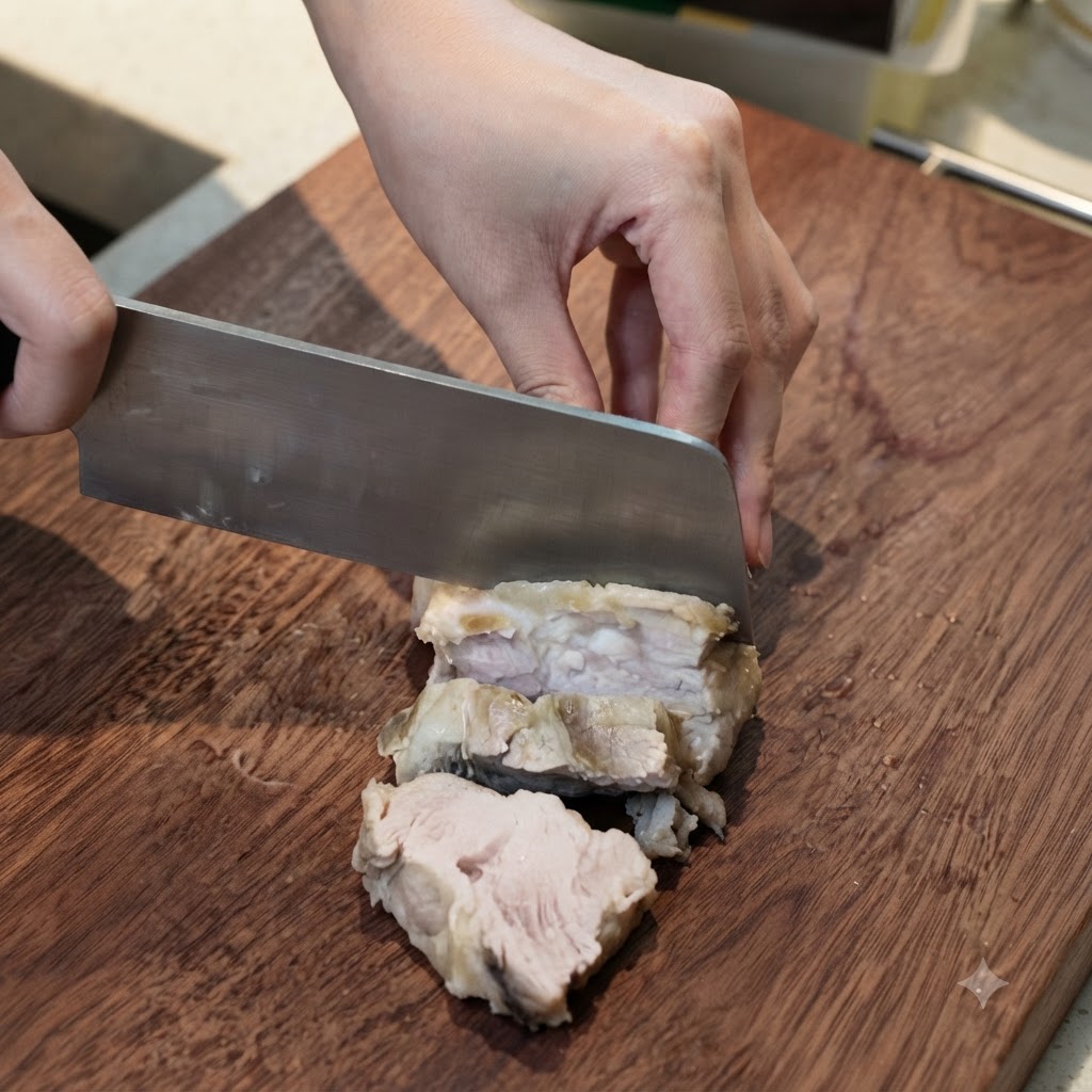 Maiale cotto tagliato a fette sottili con un coltello da cucina su un tagliere di legno.