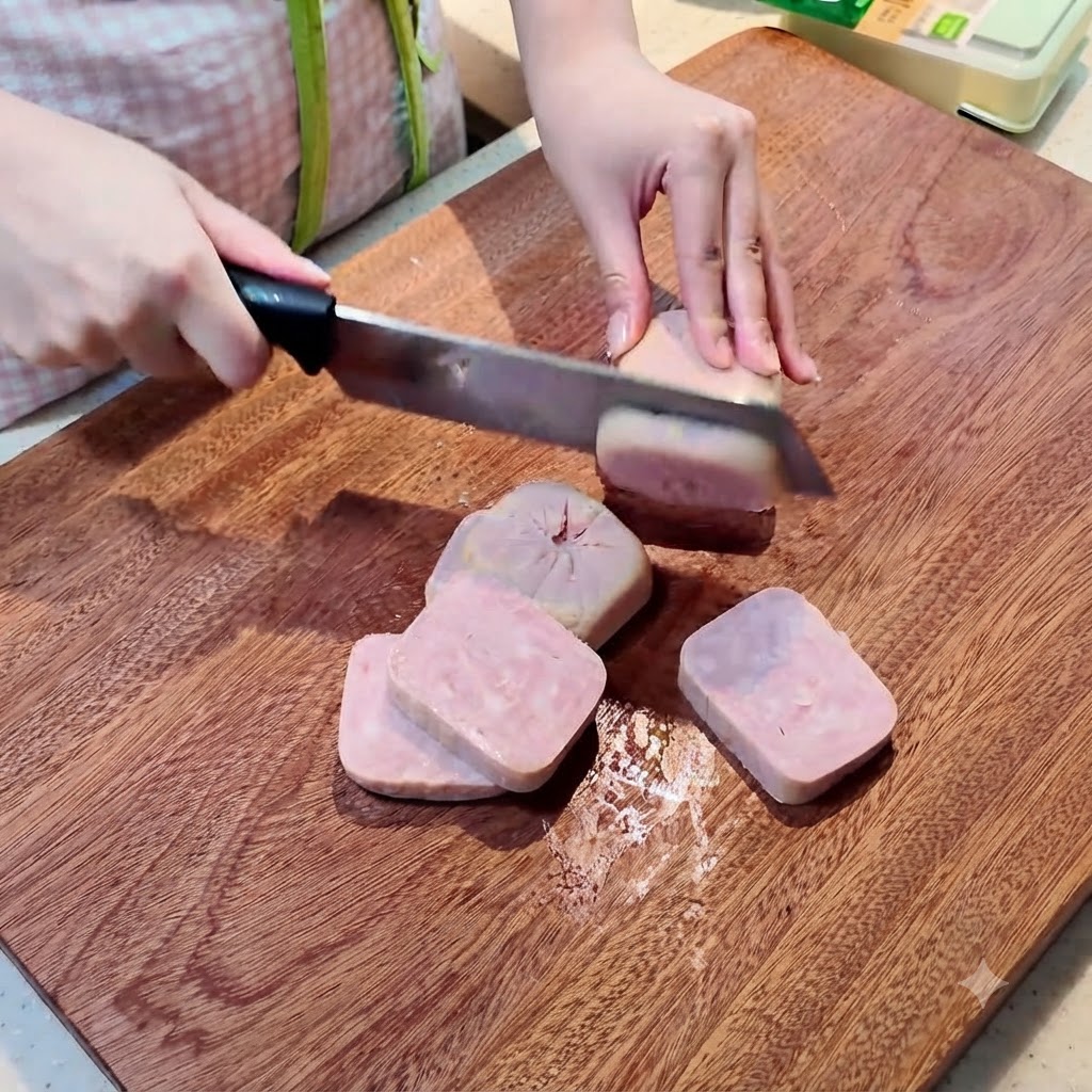 Carne in scatola e tofu morbido affettati in porzioni su un tagliere di legno.