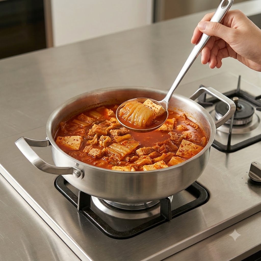 Cavolo cinese piccante rifT. e tagliato a segmenti di dimensioni ridotte con forbici da cucina allinterno di un hot pot in acciaio inossidabile.