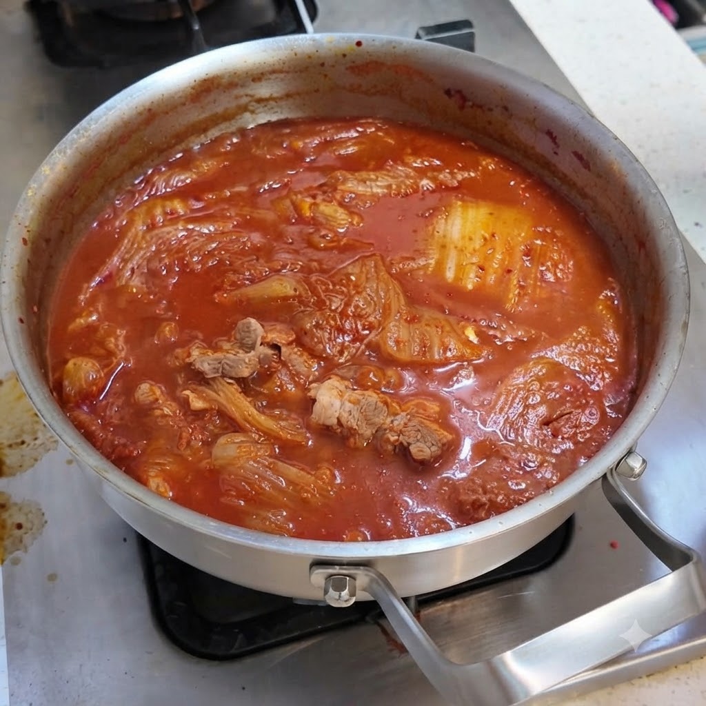 Fette di maiale cotto, carne in scatola e tofu morbido allineate ordinatamente allinterno del brodo di kimchi rosso bollente.