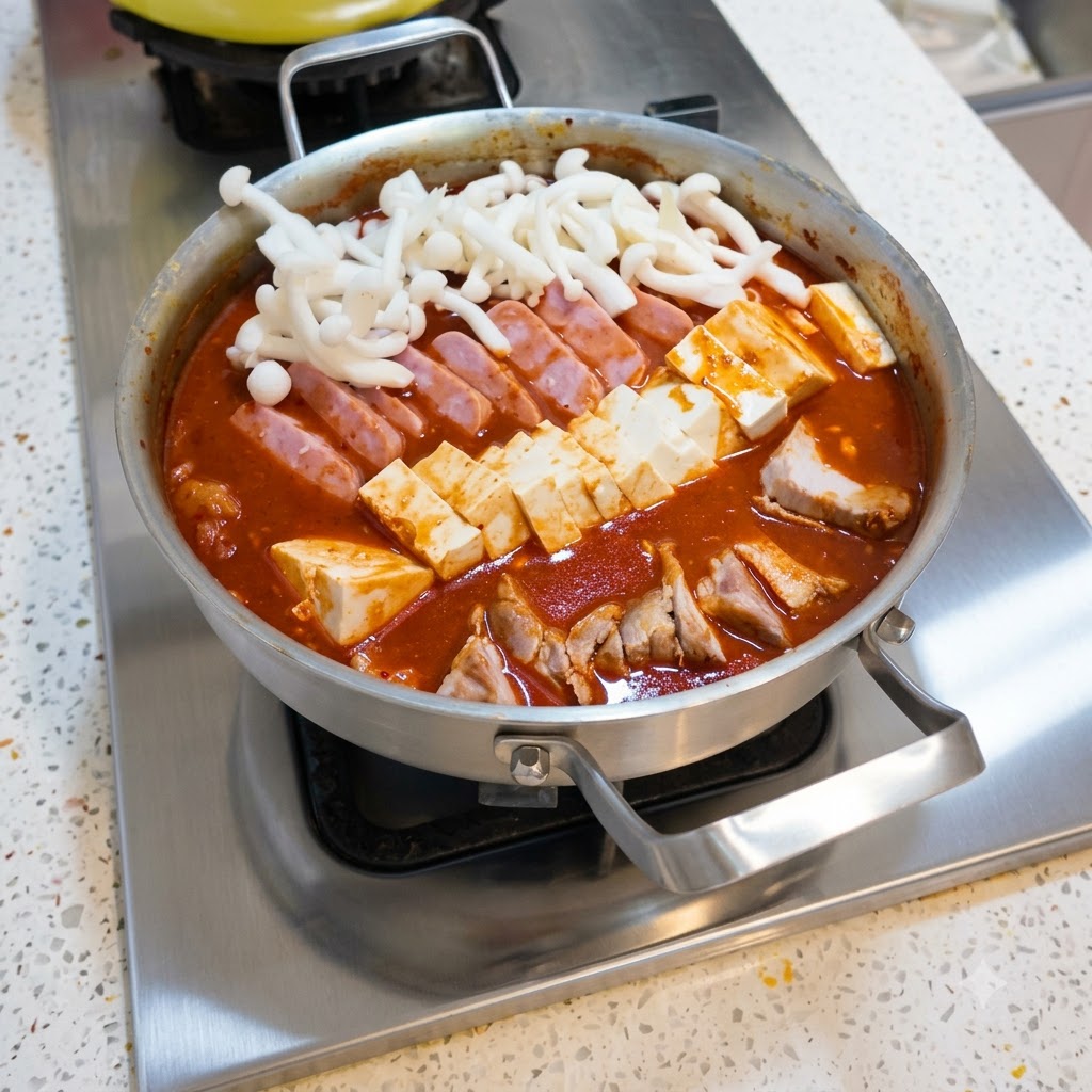 Funghi bianchi freschi posizionati sopra gli ingredienti a strati di tofu, carne e kimchi nellhot pot.
