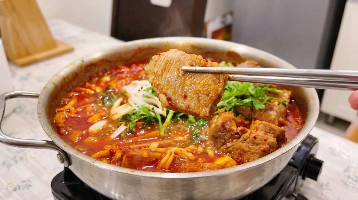 Tradizionale Hot Pot Coreano di maiale e kimchi (Kimchi Jjigae)