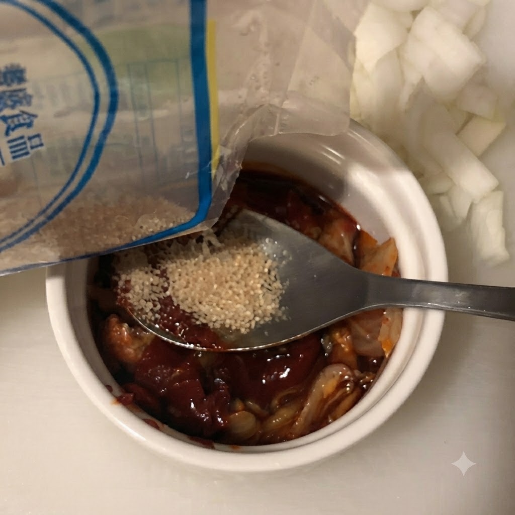 Zucchero bianco versato da un sacchetto nella ciotola contenente gli ingredienti della salsa.