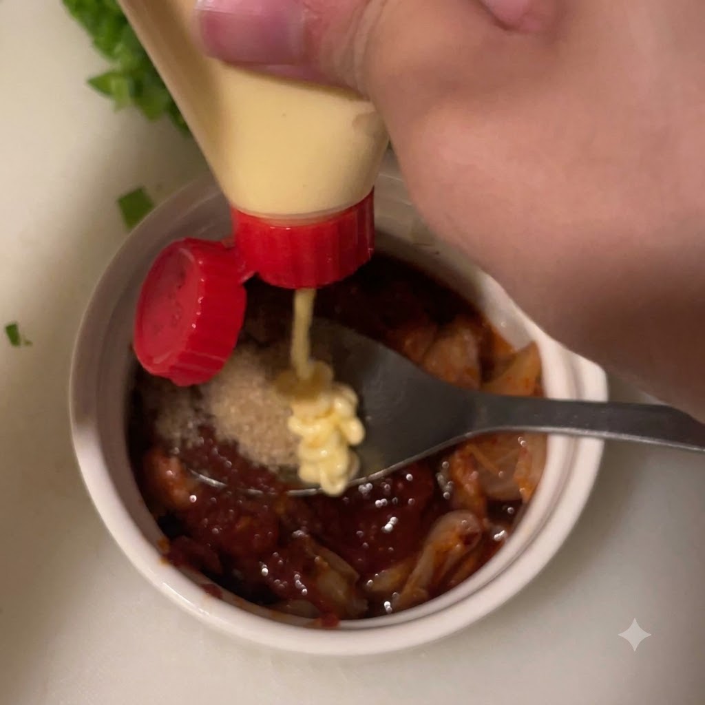 Maionese spremuta da un flacone sul miscuglio di salsa in una ciotolina bianca.