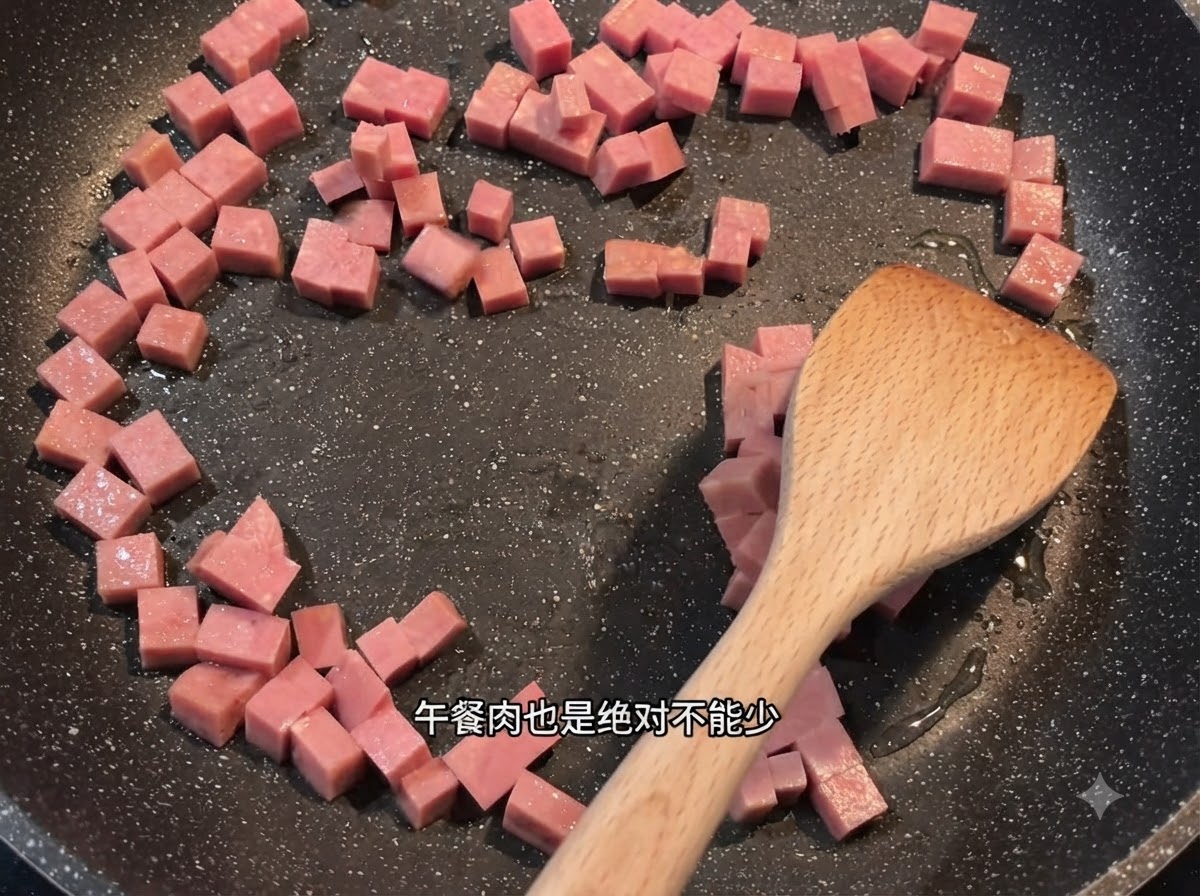 Una spatola di legno che mescola cubetti di Spam rosa sparsi in una padella scura con olio.