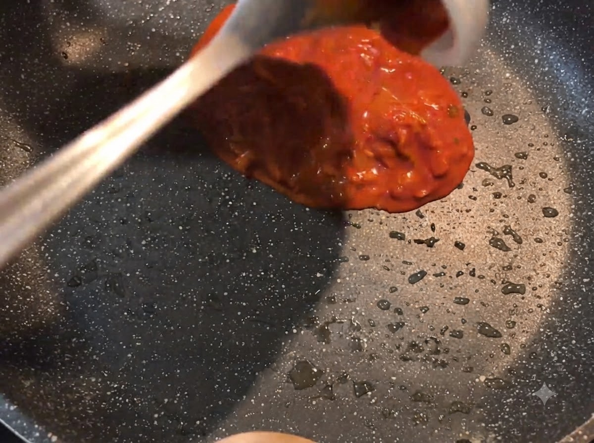 Un mestolo che versa un denso miscuglio di salsa rossa in una padella calda oleata.