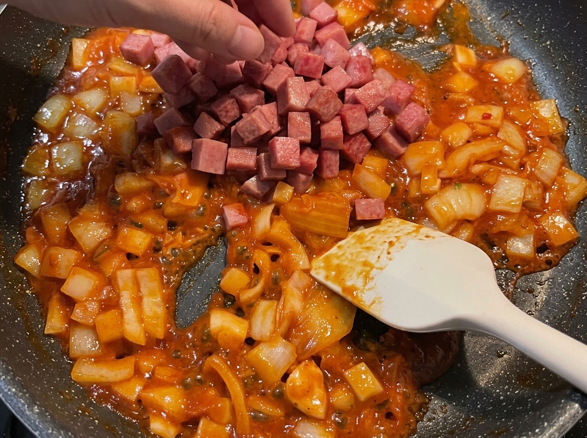 Una mano che aggiunge cubetti di Spam in una padella piena di cipolle saltate e salsa rossa, con una spatola vicina.