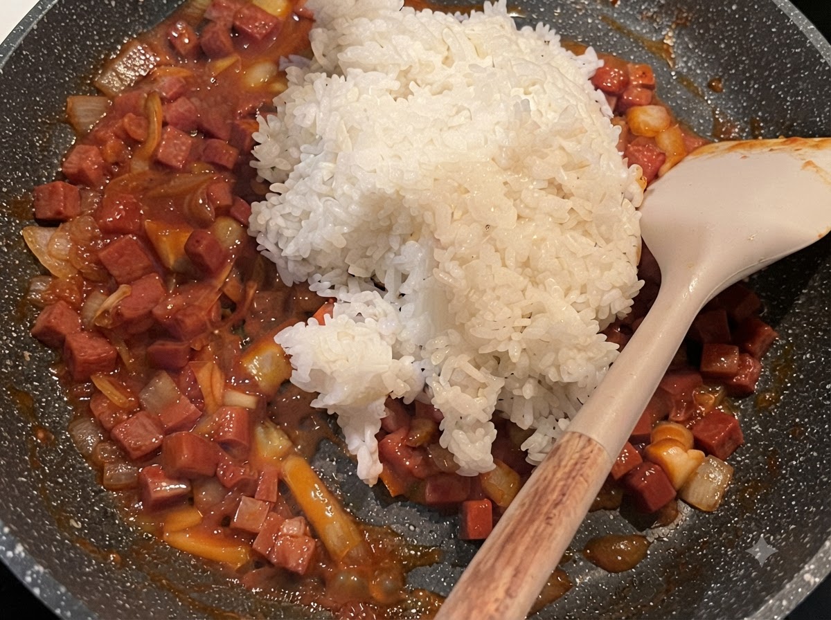 Riso bianco cotto versato sopra il composto cotto di Spam e salsa rossa in una padella.