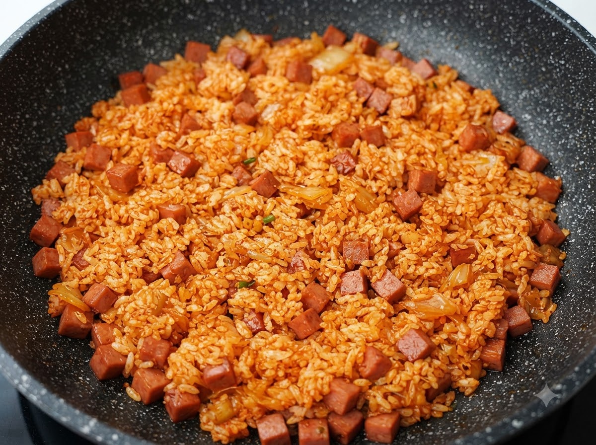 Una padella piena di riso fritto al kimchi completamente mescolato con salsa e cubetti di Spam, che mostra un colore rosso-arancio uniforme.