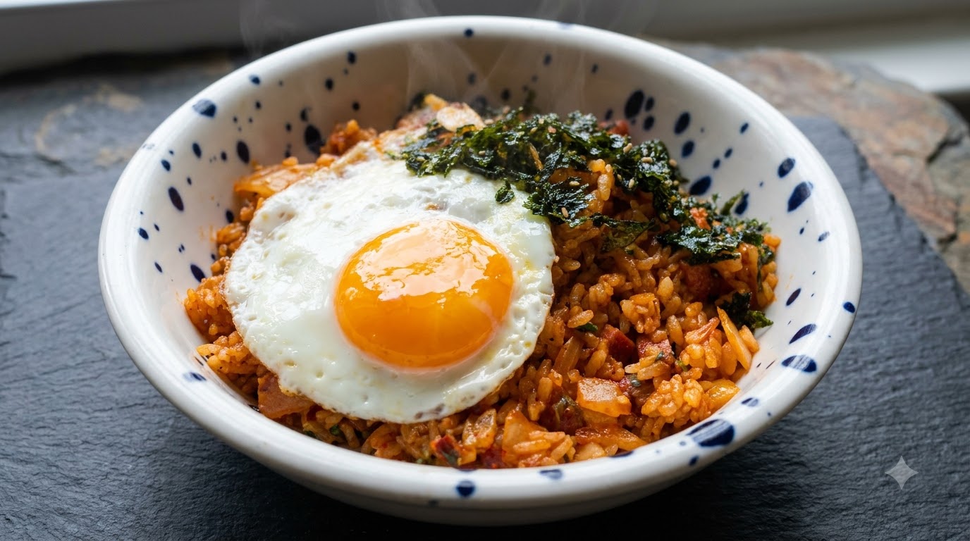 Una calda ciotola di riso fritto al kimchi guarnita con un uovo fritto allocchio di bue e fiocchi di alghe schiacciate.