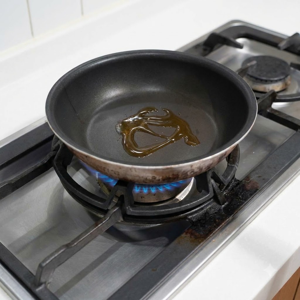 Fette daglio che sfrigolano in padella con olio di sesamo.