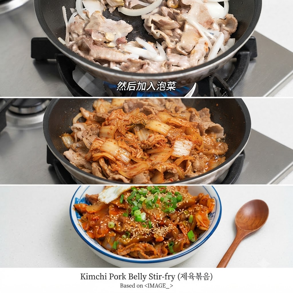 Pezzi di kimchi e succo rosso versati sopra il maiale e le cipolle in padella.