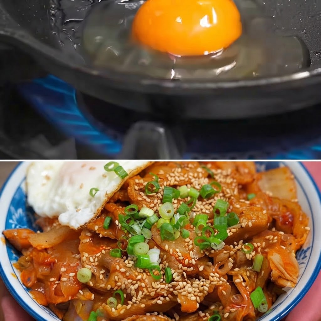 Un uovo che frigge in una padella su una fiamma a gas blu.