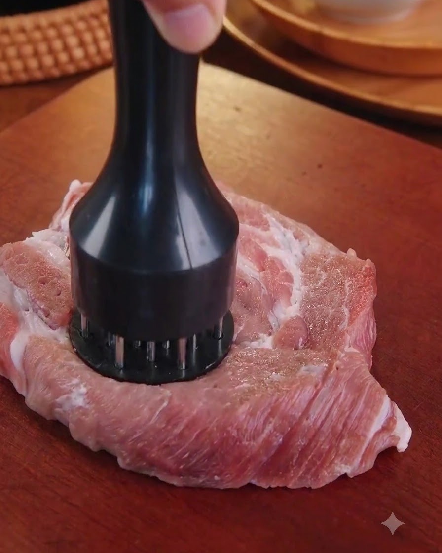 Un pezzo crudo di spalla di maiale battuto con un sbatticarne nero su un tagliere di legno.