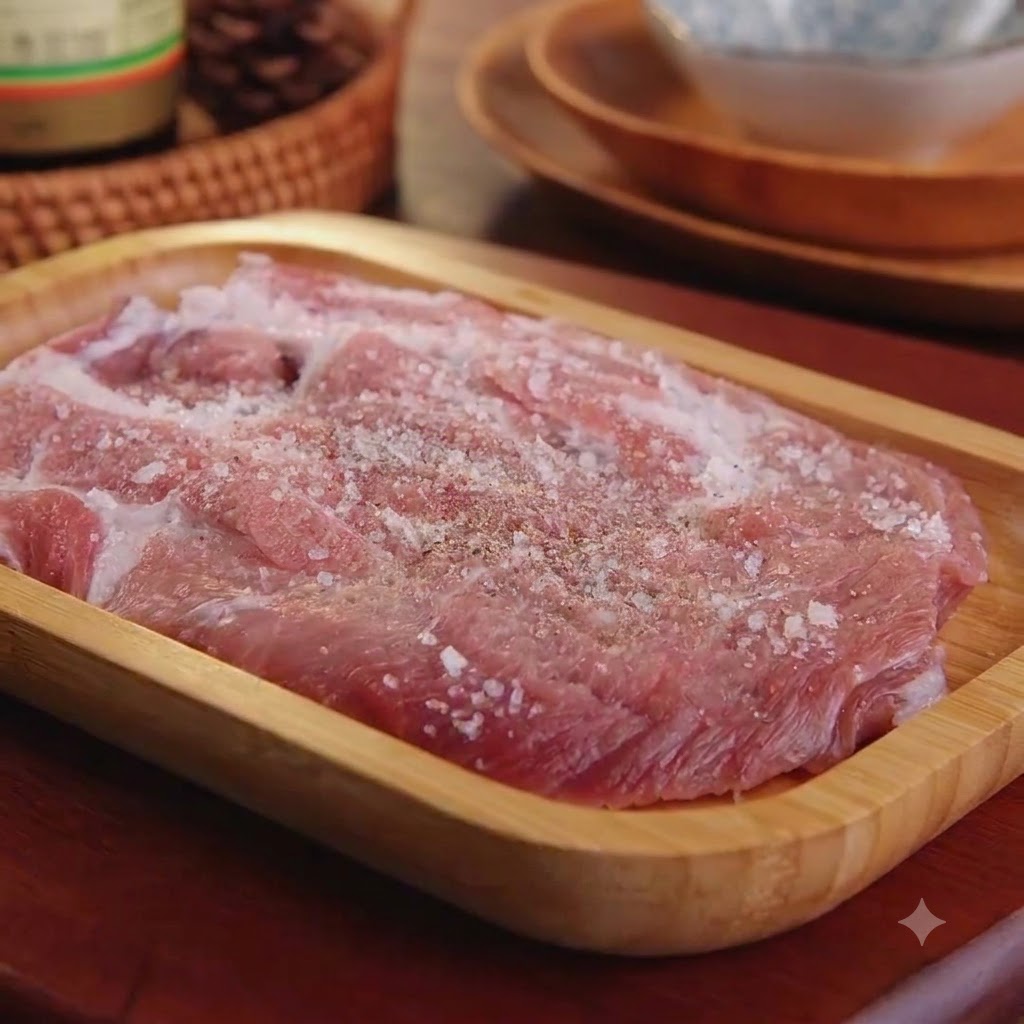 Una cotoletta di maiale cruda condita con sale grosso e pepe posata in un vassoio di legno.