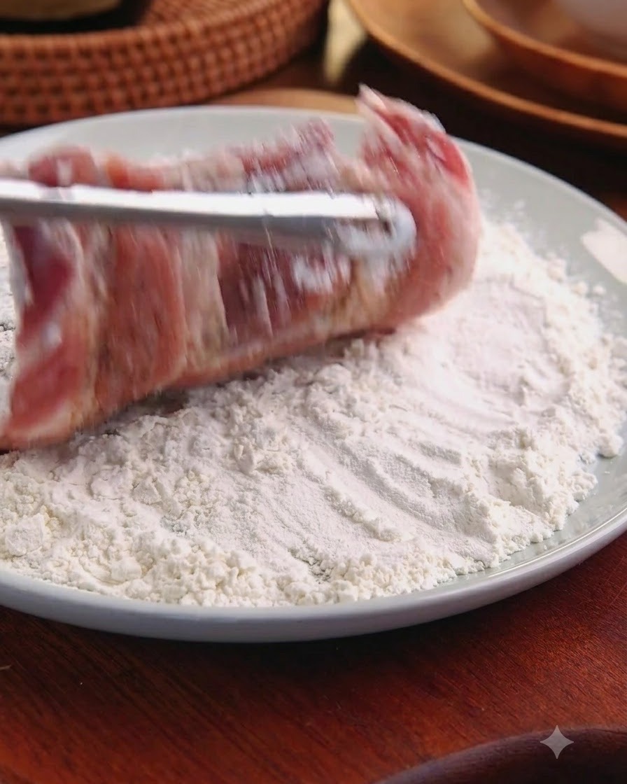 Una cotoletta di maiale cruda infarinata sollevata da un piatto pieno di farina usando delle pinze.