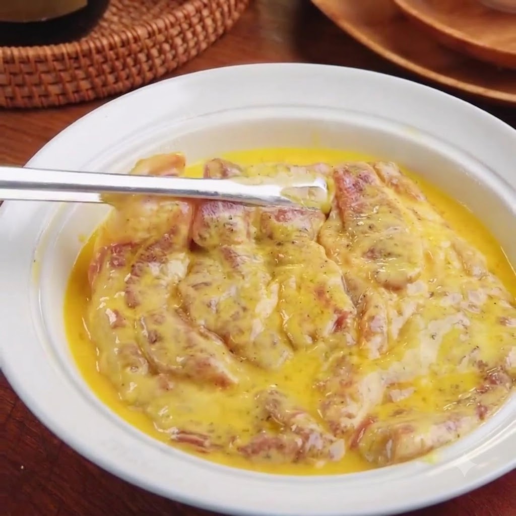 La cotoletta infarinata immersa in una ciotola bassa con uovo giallo sbattuto.