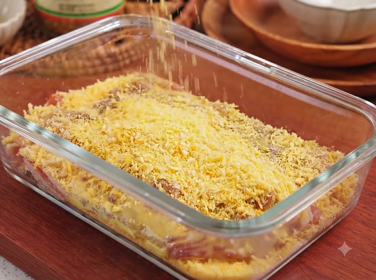Pangrattato panko cosparso sulla cotoletta di maiale in un contenitore di vetro rettangolare.