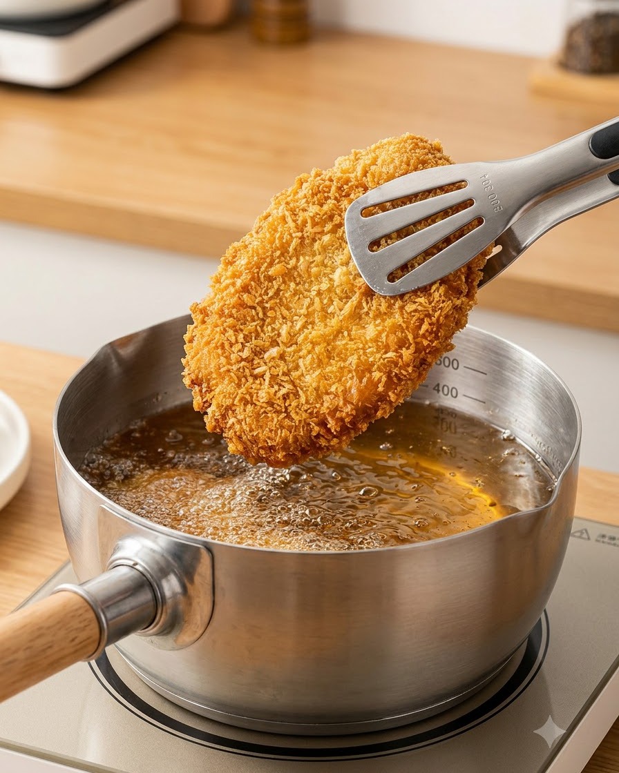 Una cotoletta di maiale impanata calata in una pentola di olio bollente con le pinze.