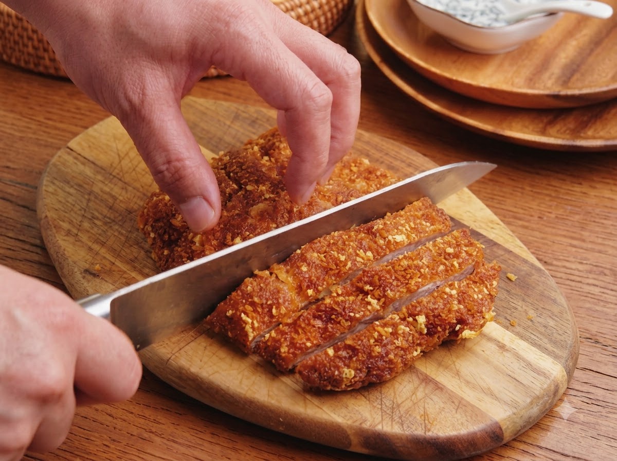 Uno chef che affetta una cotoletta fritta dorata in strisce spesse su un tagliere di legno.