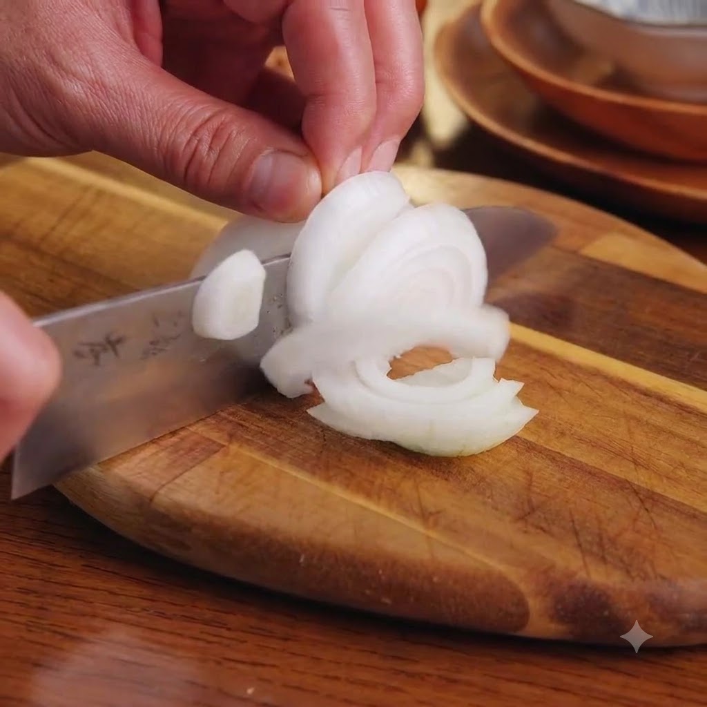 Affettare finemente metà cipolla bianca su un tagliere di legno con un coltello.