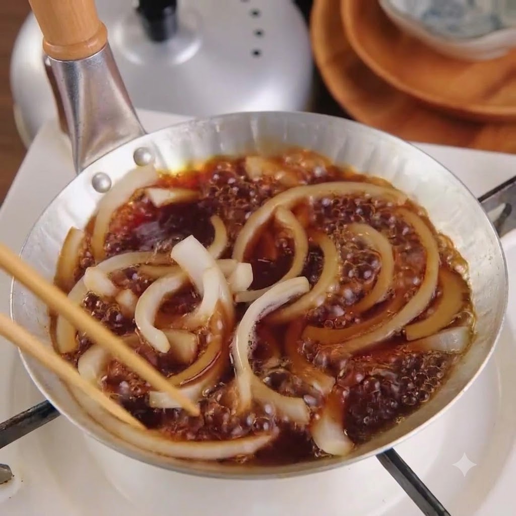 Cipolle bianche affettate mescolate con le bacchette di legno dentro una padella piccola piena di salsa scura in ebollizione.