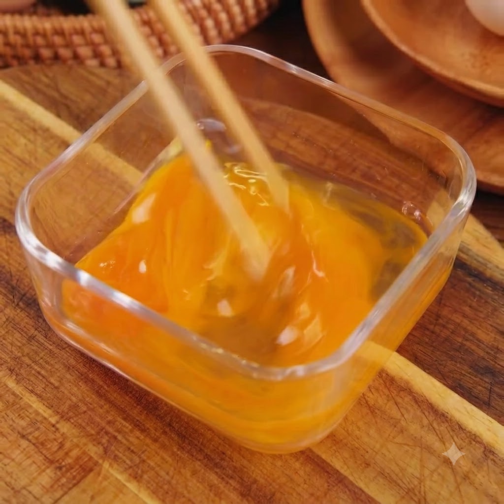 Due uova crude sbattute delicatamente con le bacchette allinterno di una ciotola quadrata trasparente.