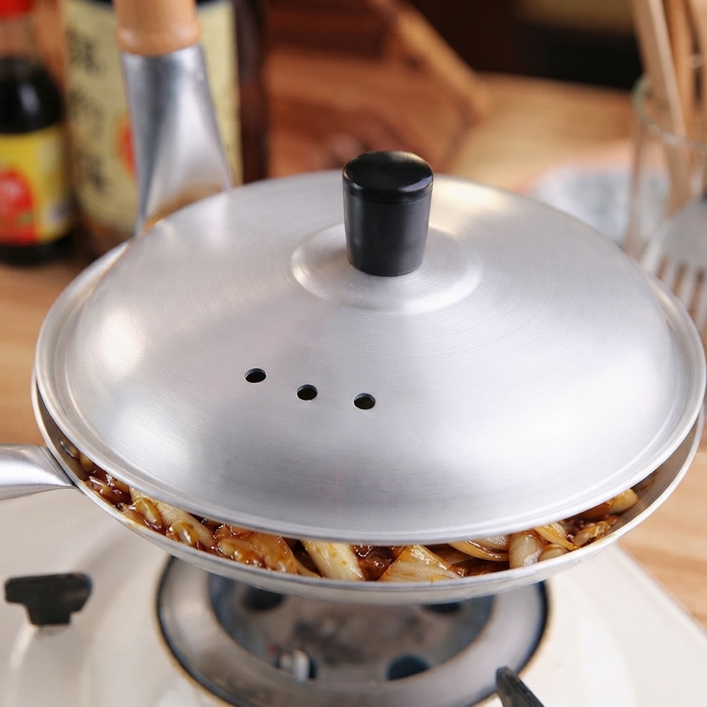 Un coperchio di metallo posizionato sopra una piccola padella da cucina contenente il maiale in umido e uova.