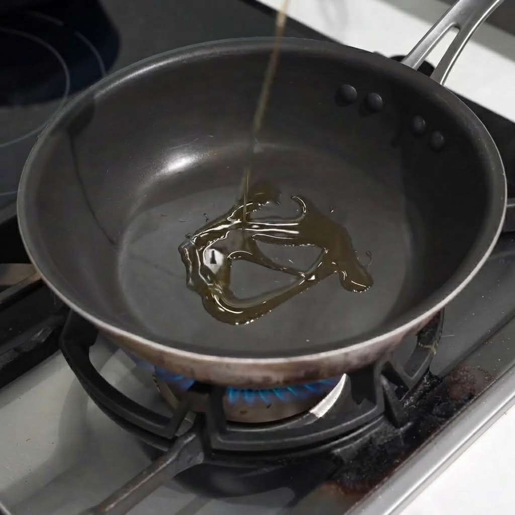 Fette daglio che sfrigolano in padella con olio di sesamo su una fiamma a gas.