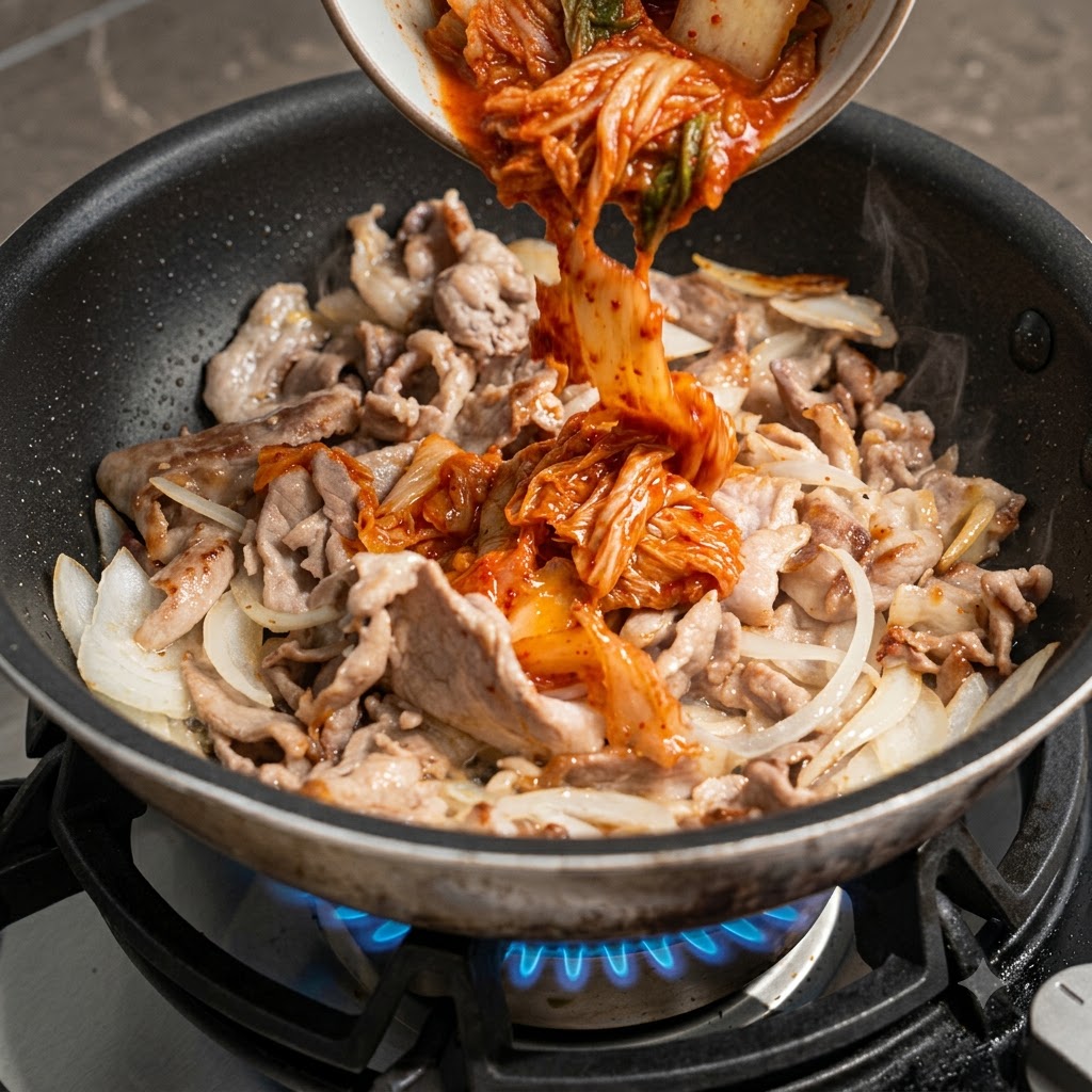 Kimchi rosso fermentato e il suo succo versati da una ciotola nella padella con maiale e cipolle.