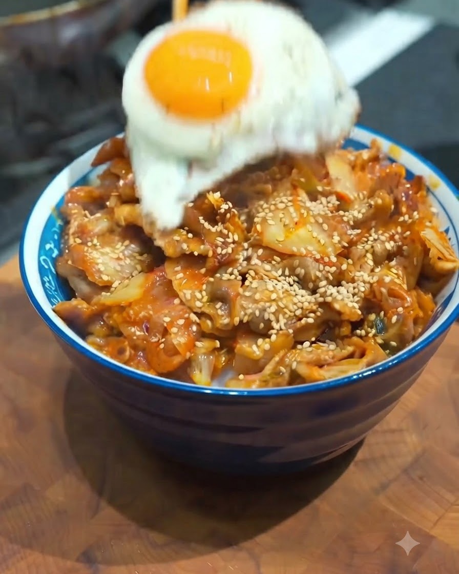 Un uovo fritto appena cotto posizionato con delicatezza sopra una ciotola di riso con maiale e kimchi.
