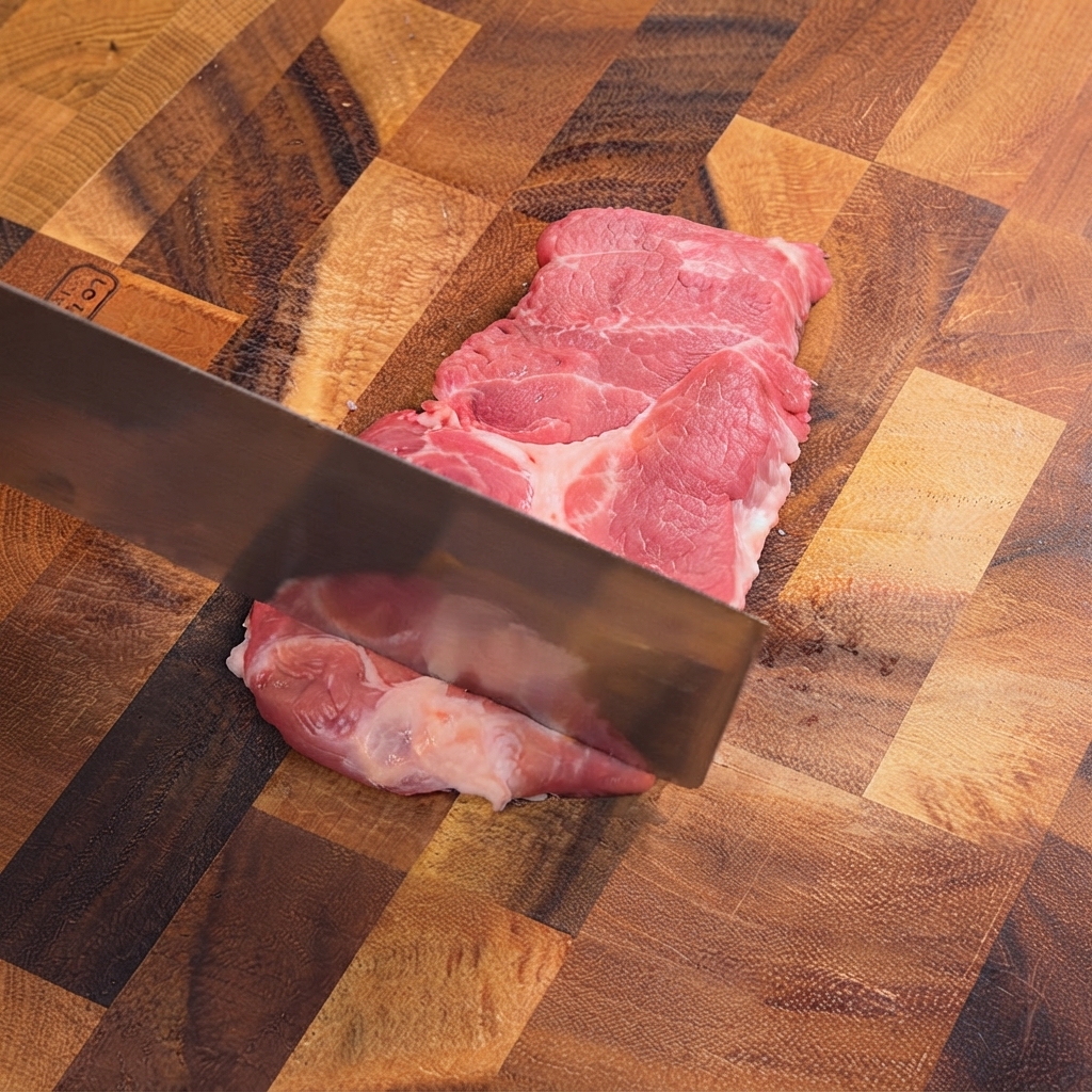 Un coltello da cucina che batte cotolette di maiale crude su un tagliere di legno per intenerirle.