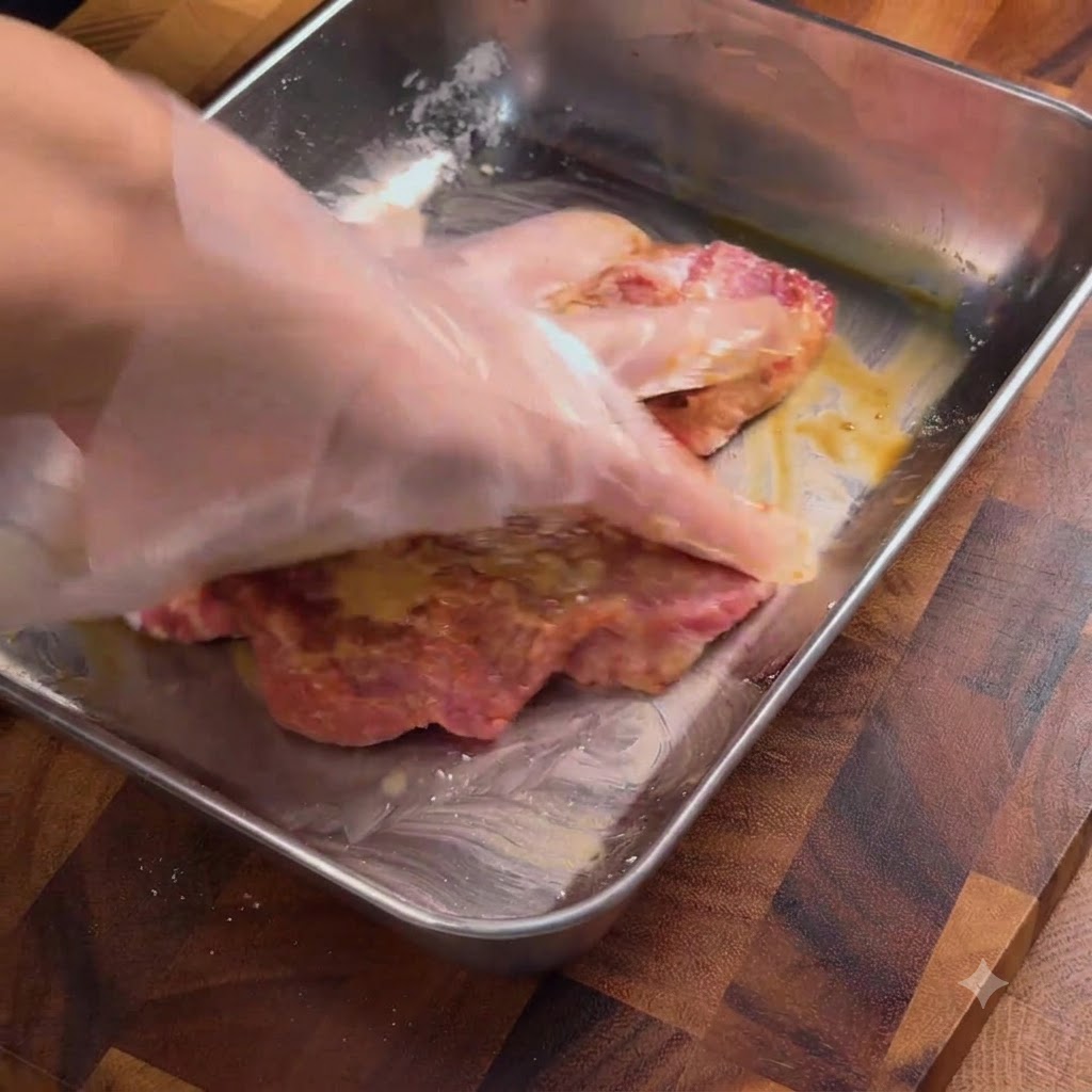Una mano guantata che massaggia e mescola la marinata nelle cotolette di maiale allinterno di un vassoio di metallo.