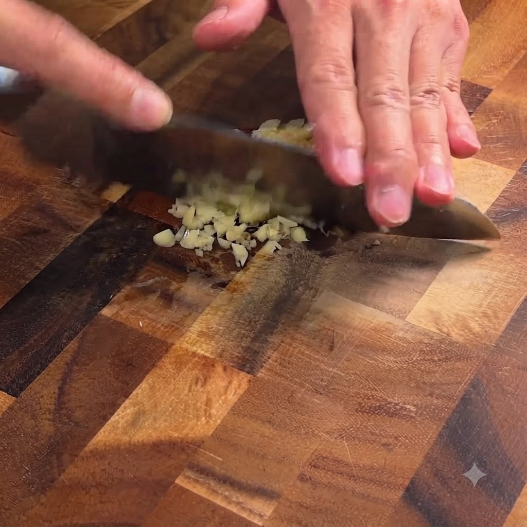 Spicchi daglio tritati finemente con un coltello su un tagliere di legno.