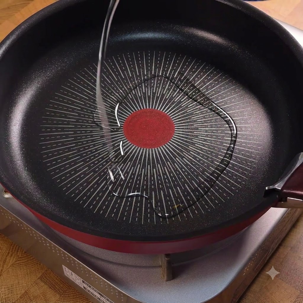 Olio da cucina versato in una padella calda antiaderente sopra un fornello.