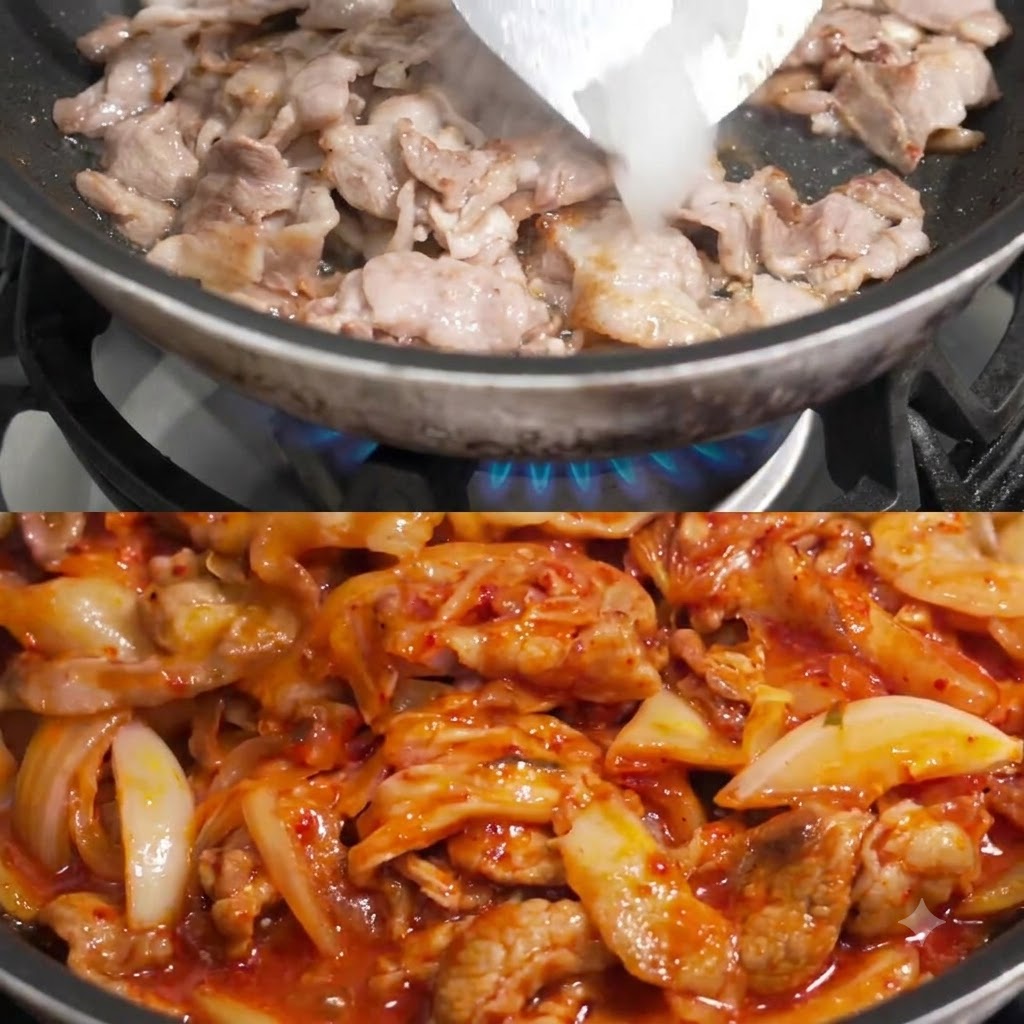 Cipolle aggiunte nella padella con il maiale cotto.