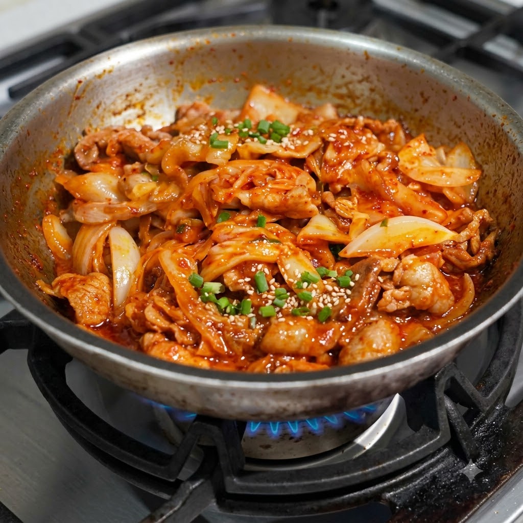 Kimchi tritato mescolato con maiale e cipolle in una padella.